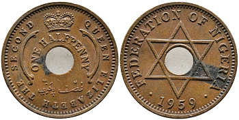Нигерия 1/2 пенни 1959 Елизавета II (1952-), Британский протекторат KM 1 бронза 4387-368