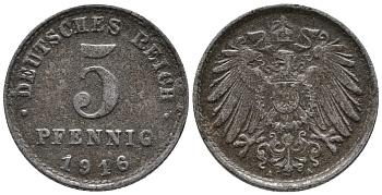 ГЕРМАНИЯ 5 ПФЕННИГОВ 1916 A KM 19, J. 297 железо 39-249