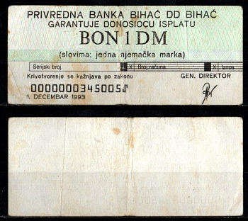 Босния и Герцеговина 5 марок 1993 ваучер используемый в военном округе Бихач. бумага 8601-8-4-3
