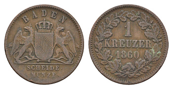 Баден 1 крейцер 1860 Фридрих I (1856-1907) KM 242 медь 4604-843