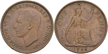 Великобритания 1 пенни 1948 Георг VI (1936-1952) KM 845, Spink 4114 бронза 4117-843