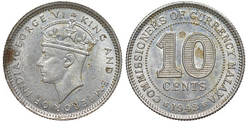 Британская Малайя 10 центов 1943 Георг VI (1937-1952) KM 4a серебро 53-228