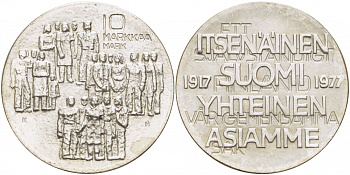 Финляндия 10 марок 1977 K-H, 60 лет независимости (1917-1977) KM 55 серебро UNC 1515-1441