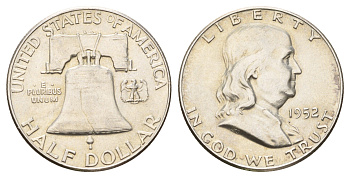 США 1/2 доллара (50 центов) 1952 Бенджамин Франклин, колокол KM 199 серебро aUNC 1531-1044