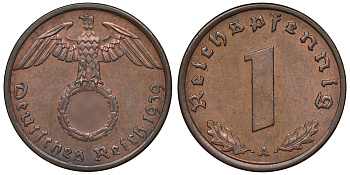ГЕРМАНИЯ 1 РЕЙХСПФЕННИГ 1939 A KM 89, J. 361 бронза 71-419