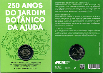 Португалия 2 евро 2018 250 лет ботаническому саду в Ажуде, запайка, картонный буклет KM 106 биметалл BUNC 3-4-8-32