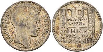 Франция 10 франков 1933 Пьер Тюрен KM 878, Le Franc 360.6 серебро 4126-1156