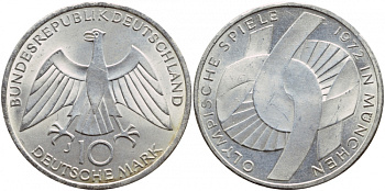ФРГ 10 марок 1972 J, XX летние Олимпийские игры 1972 года в Мюнхене, символика KM 131, J.402 серебро UNC 1520-1434