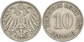 Германия 10 пфеннигов 1907 E KM 12, Jager 13, Weege 8 медно-никель 219-133