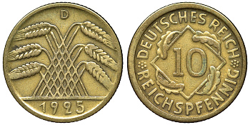 Германия 10 рейхспфеннигов 1925 D KM 40, J. 317 алюминиевая бронза 4121-916