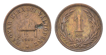 Венгрия 1 филлер 1902 KB, Франц Иосиф I (1848-1916) KM 480 бронза 4665-349