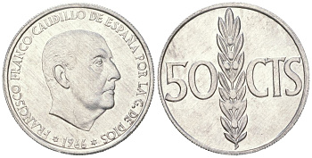Испания 50 сентимо 1966 (74) Франсиско Франко (1939-1975) KM 795 алюминий UNC 261-652