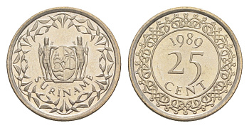Суринам 25 центов 1989 KM 14a медно-никель UNC 4613-334