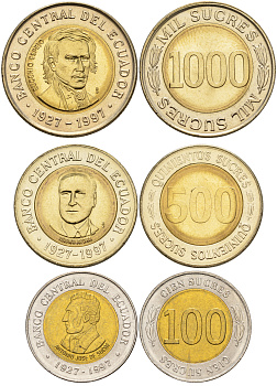 Эквадор лот из 3 монет 1997 (100, 500, 1000 сукре) KM 101, 102, 103 биметалл UNC N2-26