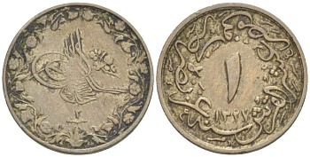 ЕГИПЕТ 1/10 ГИРША 1910 АН1327, ГОД 2, Н, ABDUL HAMID II (1876-1909) KM 302 медно-никель 4516-1118