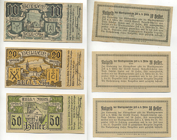 Австрия набор из 3 банкнот 1920 16 апреля 1920- 31 декабря 1920, нотгельд, 10, 20, 50 геллеров, ZELL am der UBBS   бумага  aUNC  7555-8-1-1
