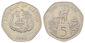 Либерия 5 долларов 1982 KM 44 медно-никель 4672-1016