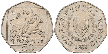 Кипр 50 центов 1998 похищение Европы KM 66 медно-никель 4616-925