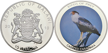 Малави 10 квача 2010 хищные птицы, хохлатая каракара, цветная эмаль, диаметр 50 мм PROOF 05-089-33