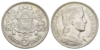 Латвия 5 латов 1931 девушка KM 9 серебро 443-1041