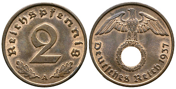 Германия 2 рейхспфеннига 1937 A KM 90, J. 362 бронза 176-537