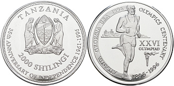 Танзания 2000 шиллингов 1996 XXVI Олимпийские игры 1996 года в Атланте, 100 лет Олимпийскому движению, бег, пробник, гладкий гурт алюминий PROOF 06-135-11