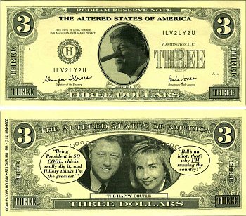 США 3 ДОЛЛАРА 1996 СУВЕНИРНАЯ БАНКНОТА, THE ALTERES STATES OF AMERICA. ЧЕСТНЫЙ БИЛЛ КЛИНТОН С ДЛИННЫМ НОСОМ ПИННОКИО бумага UNC (ПРЕСС) 7198-44-3-2