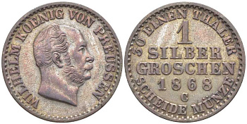 Пруссия 1 серебряный грош 1868 C, Вильгельм I (1861-1888) KM 485, Olding 421, AKS 103, J.89 серебро 201-644