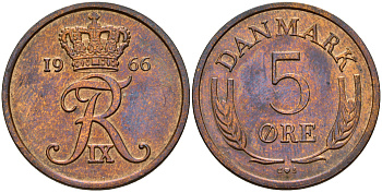 Дания 5 эре 1966 C; S, Фредерик IX (1947-1972) KM 848.1 бронза UNC 4601-846