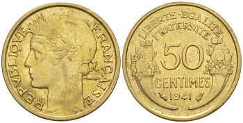 ФРАНЦИЯ 50 САНТИМОВ 1941 ТИП MORLON KM 894.1, LE FRANC 192.18 алюминиевая бронза 44-526