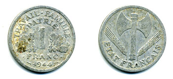 ФРАНЦИЯ 1 ФРАНК 1944 С, ТИП LEGERE, ПРАВИТЕЛЬСТВО ВИШИ KM 902.2, LE FRANC 223.7 алюминий 29-823