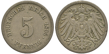 Германия 5 пфеннигов 1895 F KM 11, Jager 12, Weege 6 медно-никель 413-5234