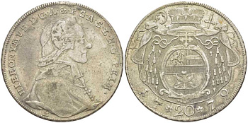 Австрия, Зальцбург 20 крейцеров 1779 М, Иеронимус фон Коллоредо (1772-1812) KM 431, Zottl 3273 серебро 413-1212