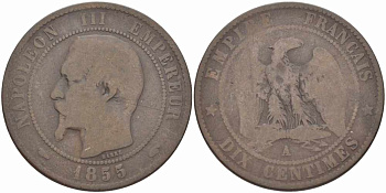 Франция 10 сантимов 1855 A, Наполеон III (1852-1870) KM 771.1, Le Franc 133.18 бронза    4680-516