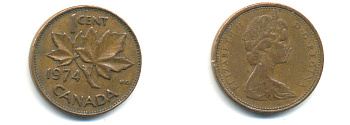 Канада 1 цент 1974 Елизавета II (1952-2022), кленовый лист KM 59.1 бронза 177-1342