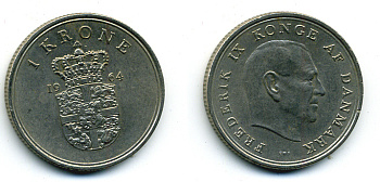 ДАНИЯ 1 КРОНА 1964 C; S, ФРЕДЕРИК IX (1947-1972) KM 851.1 медно-никель 56-426