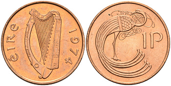 Ирландия 1 пенни 1974 мифологическая птица лира KM 20 бронза UNC 4582-127