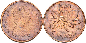 Канада 1 цент 1974 Елизавета II (1952-2022), кленовый лист KM 59.1 бронза 105-1169