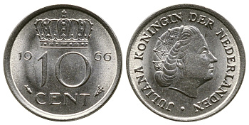 НИДЕРЛАНДЫ 10 ЦЕНТОВ 1966 ЮЛИАНА KM 182 никель 261-633
