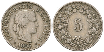Швейцария 5 раппенов 1905 B KM 26 медно-никель 4160-231