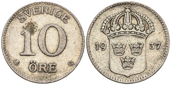 Швеция 10 эре 1937 G, Густав V (1907-1950) KM 780 серебро 4147-841