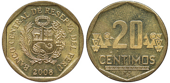 Перу 20 сентимо 2008 KM 306.4 латунь aUNC 4605-446