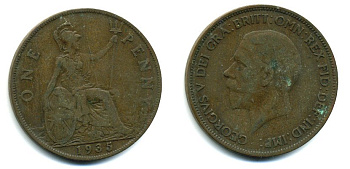 Великобритания 1 пенни 1935 Георг V (1910-1936) КМ 838, Spink 4055 бронза 41-1234