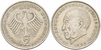 ФРГ 2 марки 1972 J, Конрад Аденауэр J 406, KM 124 медно-никель плакированный никелем 3718-1055