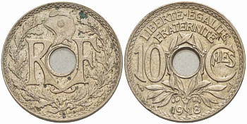 Франция 10 сантимов 1918 тип Линдайё KM 866a, Le Franc 138.3 медно-никель 108-122