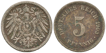 Германия 5 пфеннигов 1903 A, Вильгельм II (1888-1918) KM 11, J. 12 медно-никель 4615-733