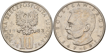 Польша 10 злотых 1983 MW, Болеслав Прус KM 73 медно-никель    4601-1116