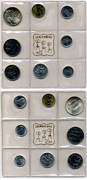 Сан-Марино годовой набор из 8 монет 1972 1, 2, 5, 10, 20, 50, 100 и 500 лир мать поднимает ребенка в воздух KM 14-21, в оригинальной пластиковой запайке серебро KM MS1 серебро UNC 3-4-5-11