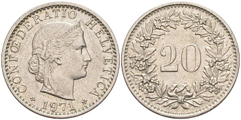 ШВЕЙЦАРИЯ 20 РАППЕНОВ 1971 KM 29a медно-никель 55-936