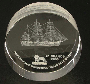 КОНГО 10 ФРАНКОВ 2003 КОРАБЛЬ акрил, объемная! Ш6